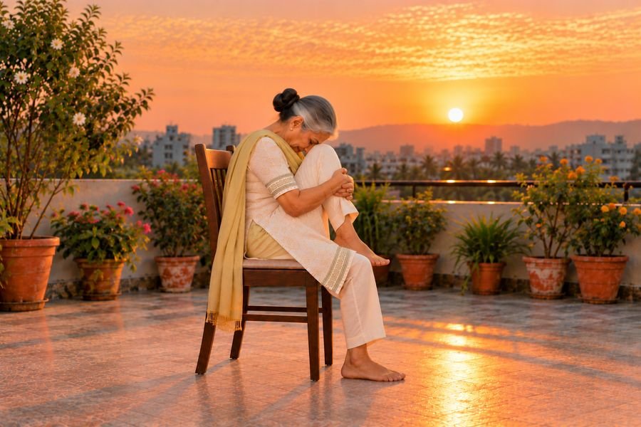 कुर्सी सूर्य नमस्कार, 04: सिर घुटने से