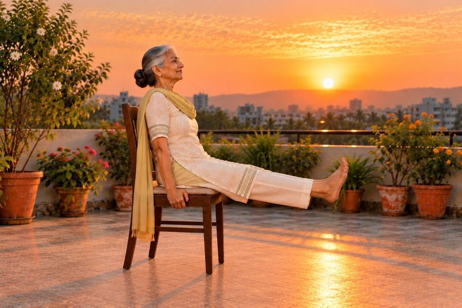 कुर्सी सूर्य नमस्कार, 05: पैर ऊपर