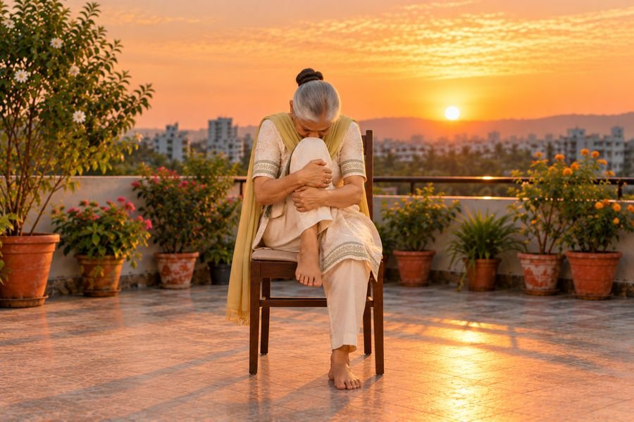 कुर्सी सूर्य नमस्कार, 09: सिर घुटने से