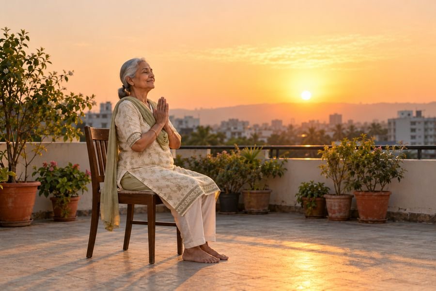 कुर्सी सूर्य नमस्कार, शुरुआत: प्रणाम मुद्रा