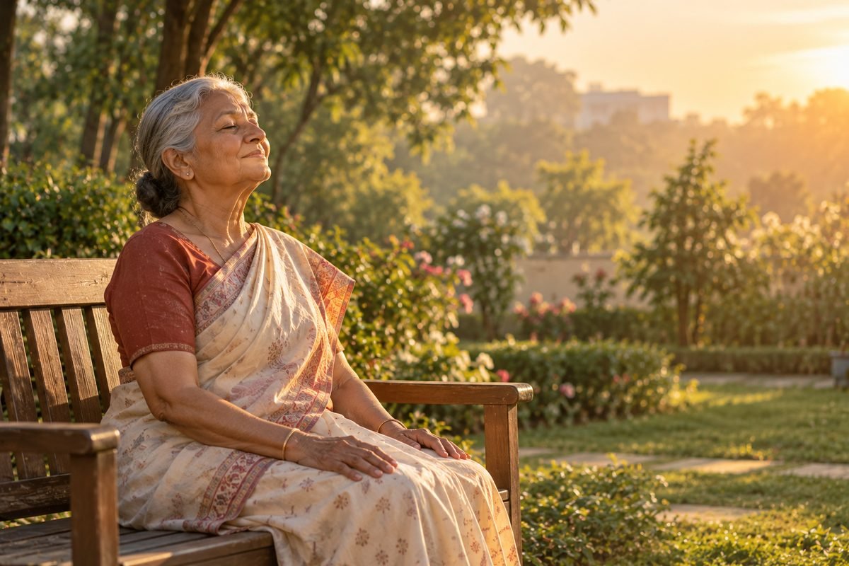 सुबह की धूप में बगीचे की बेंच पर बैठी, आँखें बंद करके धीरे-धीरे साँस लेती एक वरिष्ठ महिला