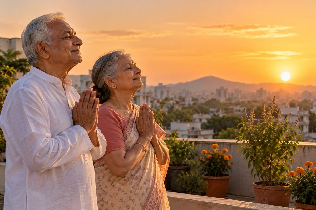 सूर्योदय के समय छत पर हाथ जोड़े, सूरज की तरफ़ मुस्कुराते हुए एक वरिष्ठ दंपति